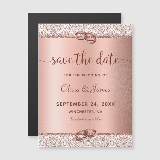 Roos Gold Damask Script Weddenschap Save the Date Magnetische Uitnodiging (Voorkant / Achterkant)