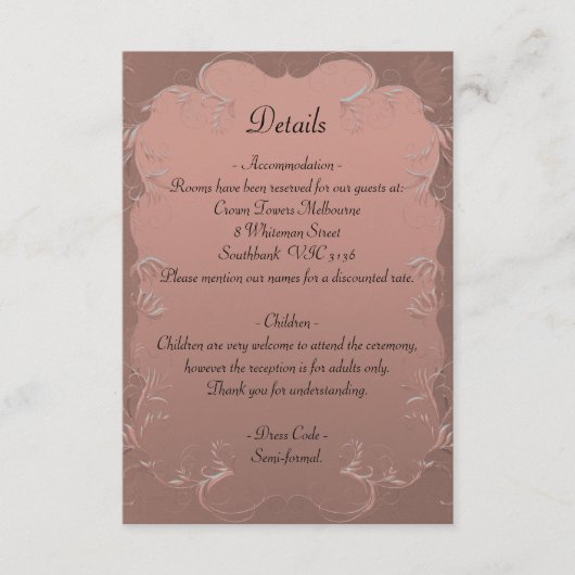 Roos Gold Damask Wedding - Gegevens Informatiekaartje (Voorkant)