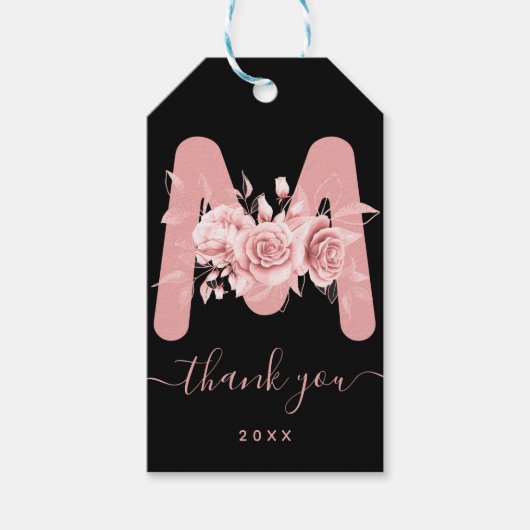 Roos Gold Dank u Bloemen Waterverf Monogram Cadeaulabel (Voorkant)