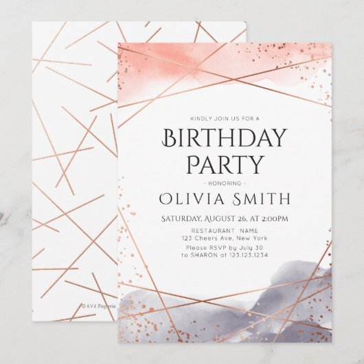 Roos Gold Dawn Waterverf Geometrisch Verjaardagsfe Kaart (Voorkant / Achterkant)