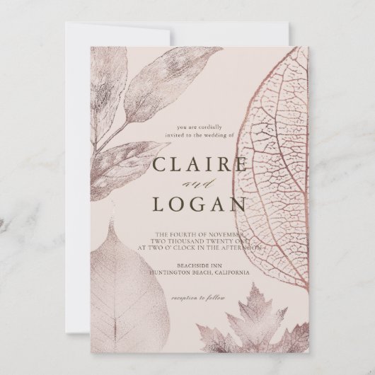 Roos Gold Delicate Leaves Pink Beige Wedding Kaart (Voorkant)