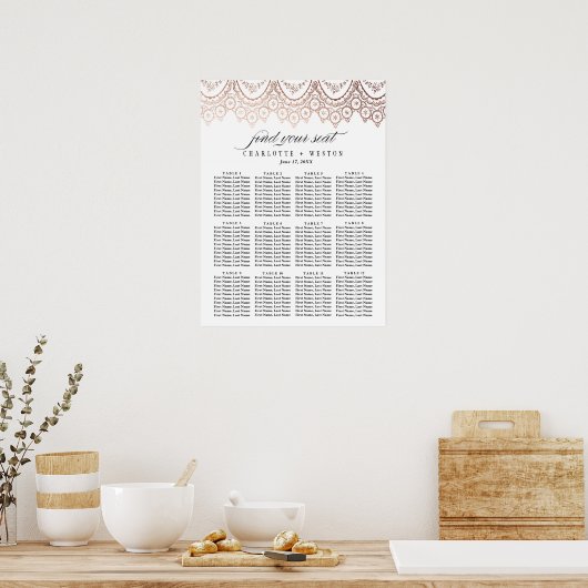 Roos Gold Delicate Wedding Seating Chart Poster (Keuken)