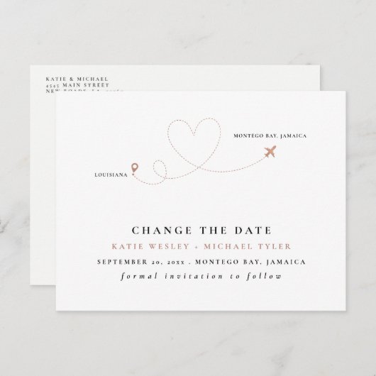 Roos Gold Destination Wedding Verander de datum Aankondigingskaart (Voorkant / Achterkant)