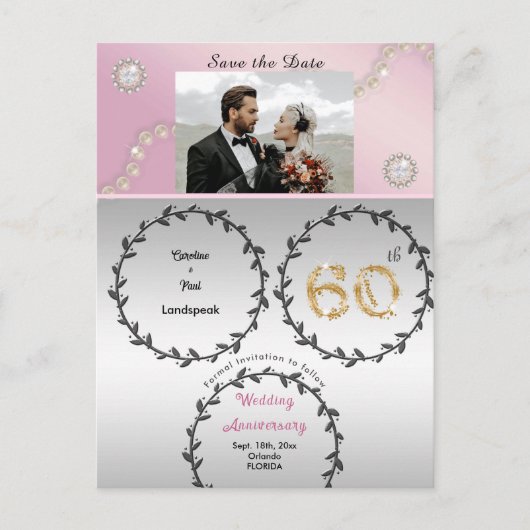 Roos Gold Diamond 60e Jubileum Save the Date Briefkaart (Voorkant)