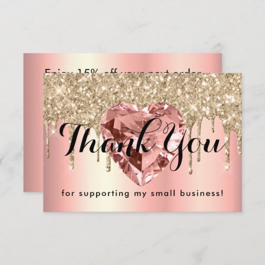 Roos Gold Diamond Heart Small Business Custom Bedankkaart (Voorkant / Achterkant)