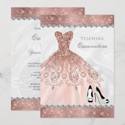 Roos Gold Diamond Sparkle Glam Quinceanera Kaart (Voorkant / Achterkant)