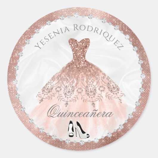 Roos Gold Diamond Sparkle Glam Quinceanera Ronde Sticker (Voorkant)