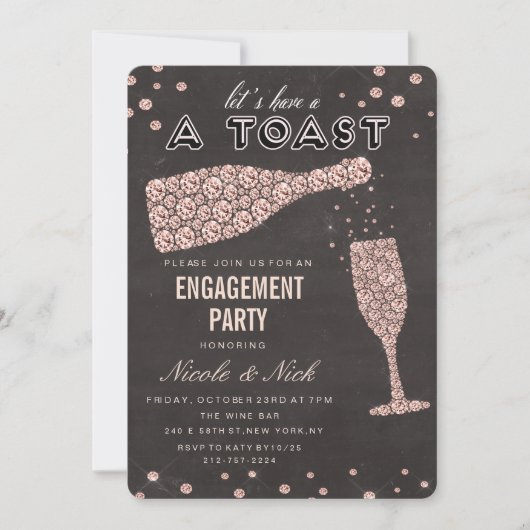 Roos Gold Diamond Wijnglas Verloving Uitnodiging (Voorkant)