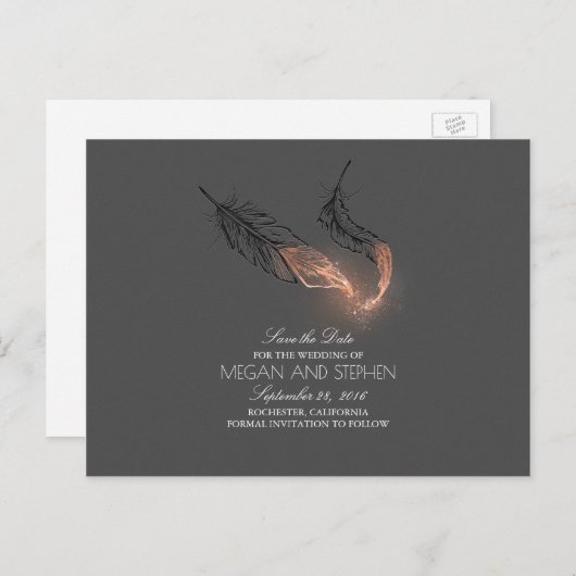 Roos Gold Dipped Feathers Chic Save the Date Aankondigingskaart (Voorkant / Achterkant)
