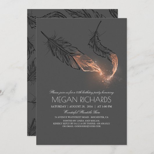 Roos Gold Dipped Feathers Glitter Birthday Party Kaart (Voorkant / Achterkant)