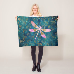 Roos Gold Dragonfly op Turquoise Floral Background Fleece Deken