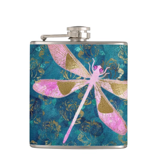 Roos Gold Dragonfly op Turquoise Floral Background Heupfles (Voorkant)