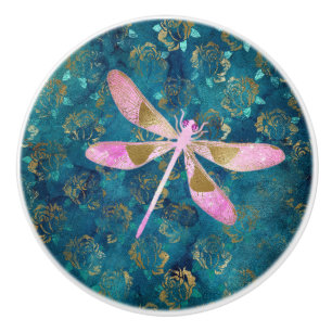 Roos Gold Dragonfly op Turquoise Floral Background Keramische Knop