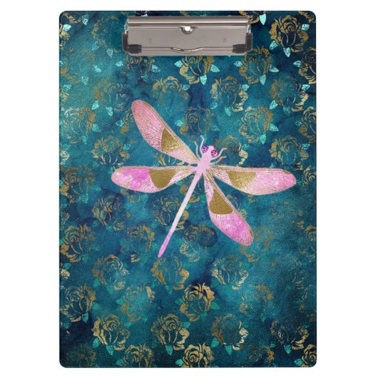 Roos Gold Dragonfly op Turquoise Floral Background Klembord (Voorkant)