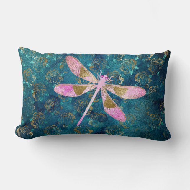 Roos Gold Dragonfly op Turquoise Floral Background Kussen (Voorkant)