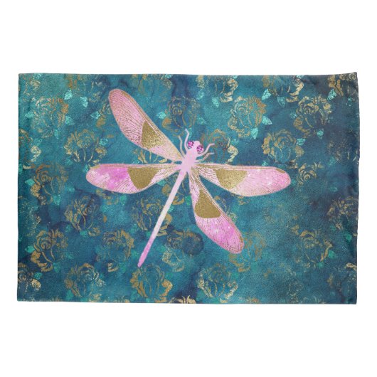 Roos Gold Dragonfly op Turquoise Floral Background Kussensloop (Achterkant)