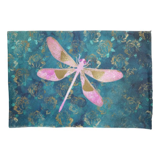 Roos Gold Dragonfly op Turquoise Floral Background Kussensloop (Voorkant)