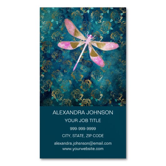 Roos Gold Dragonfly op Turquoise Floral Background Magnetisch Visitekaartje (Voorkant Verticaal)