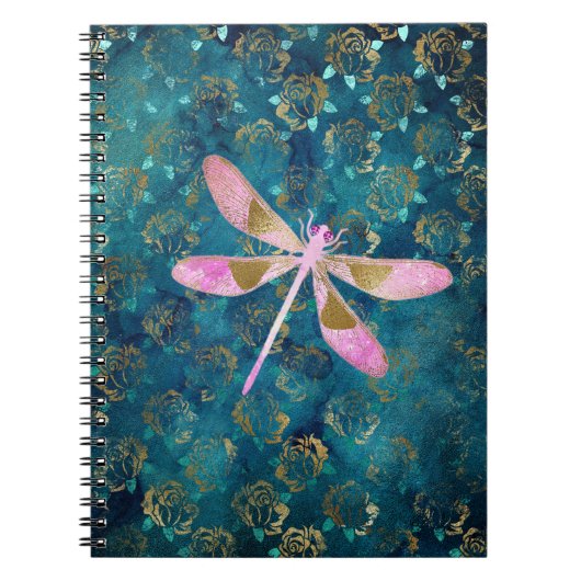 Roos Gold Dragonfly op Turquoise Floral Background Notitieboek (Voorkant)