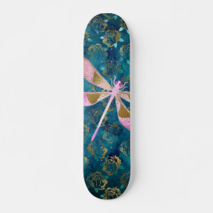 Roos Gold Dragonfly op Turquoise Floral Background Persoonlijk Skateboard