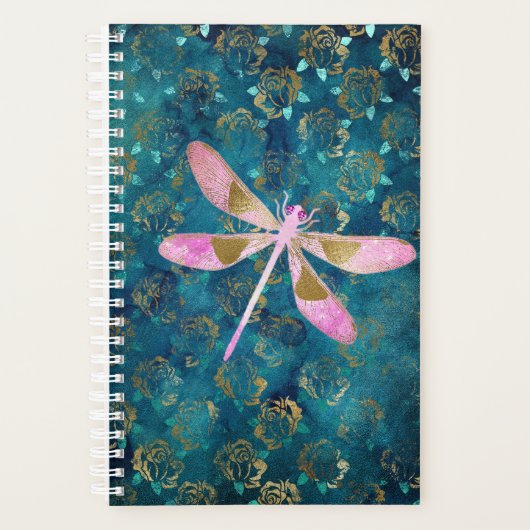 Roos Gold Dragonfly op Turquoise Floral Background Planner (Voorkant)