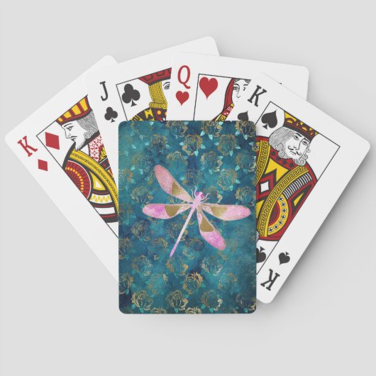 Roos Gold Dragonfly op Turquoise Floral Background Pokerkaarten (Achterkant)