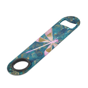 Roos Gold Dragonfly op Turquoise Floral Background Speed Flessenopener
