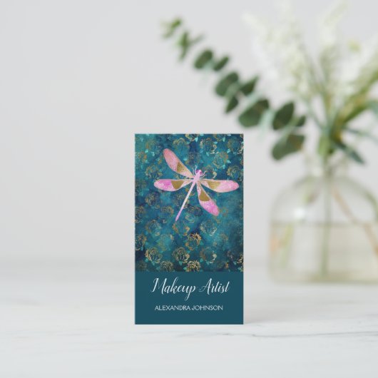 Roos Gold Dragonfly op Turquoise Floral Background Visitekaartje (Staand voorkant)