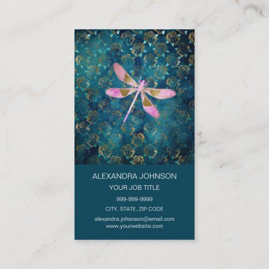 Roos Gold Dragonfly op Turquoise Floral Background Visitekaartje (Achterkant)