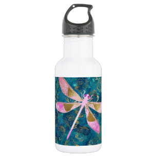Roos Gold Dragonfly op Turquoise Floral Background Waterfles