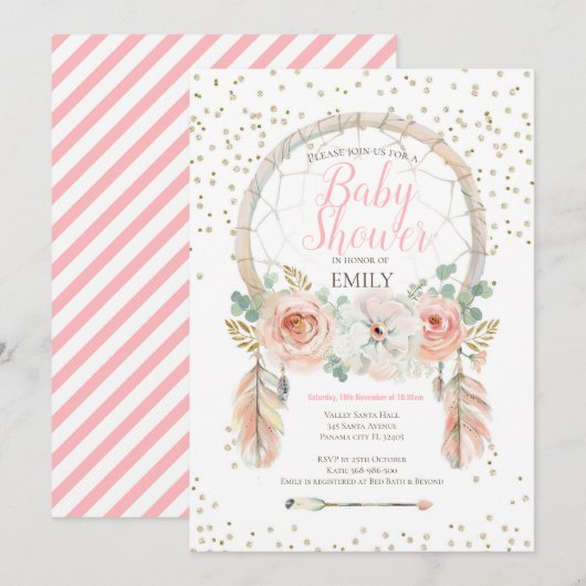 Roos Gold Dream-Catcher Boho Uitnodiging (Voorkant / Achterkant)