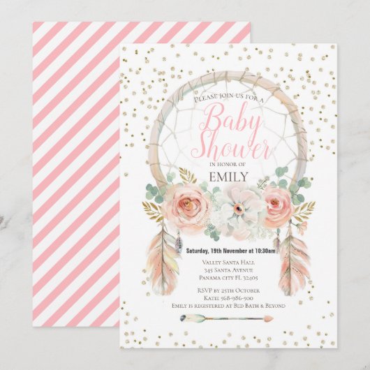 Roos Gold Dream-Catcher Boho Uitnodiging (Voorkant / Achterkant)