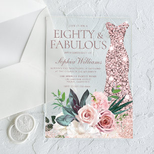 Roos Gold Dress Blush Floral 80th Birthday Party Acryl Uitnodigingen
