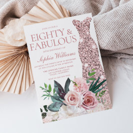 Roos Gold Dress Blush Floral 80th Birthday Party Kaart