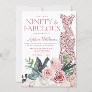 Roos Gold Dress Blush Floral 90th Birthday Party Kaart