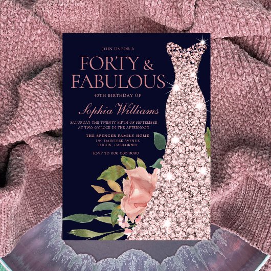 Roos Gold Dress Blush Flowers Navy 40th Birthday Kaart