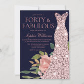 Roos Gold Dress Blush Flowers Navy 40th Birthday Kaart (Voorkant)