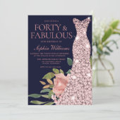 Roos Gold Dress Blush Flowers Navy 40th Birthday Kaart (Staand voorkant)