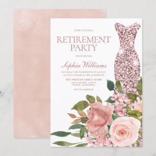Roos Gold Dress Blush Pink Floral Retirement Party Kaart