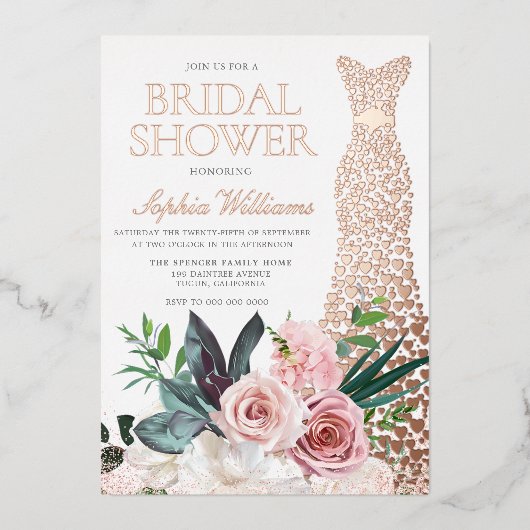 Roos Gold Dress Blush Pink Floral Vrijgezellenfees Folie Uitnodiging (Voorkant)