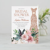 Roos Gold Dress Blush Pink Floral Vrijgezellenfees Folie Uitnodiging (Staand Voorkant)