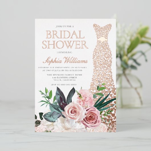 Roos Gold Dress Blush Pink Floral Vrijgezellenfees Folie Uitnodiging (Staand Voorkant)