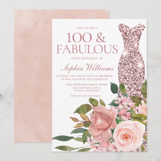 Roos Gold Dress Blush Pink Flowers 100th Birthday Kaart (Voorkant / Achterkant)