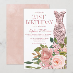 Roos Gold Dress Blush Pink Flowers 21st Birthday Kaart
