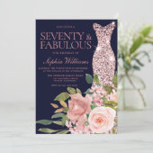 Roos Gold Dress Blush Pink & Navy 70th Birthday Kaart (Staand voorkant)