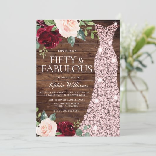 Roos Gold Dress Blush Rustic 50th Birthday Party Kaart (Staand voorkant)