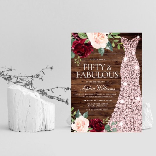 Roos Gold Dress Blush Rustic 50th Birthday Party Kaart