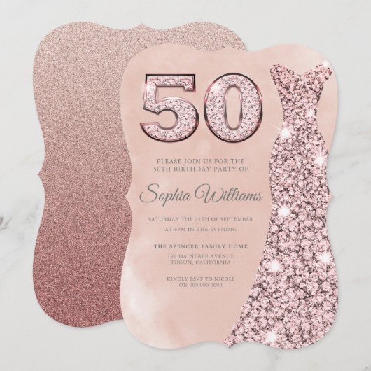 Roos Gold Dress Blush Waterverf 50e verjaardag Kaart (Voorkant / Achterkant)