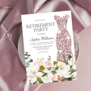 Roos Gold Dress Blush White Retirement Party Kaart