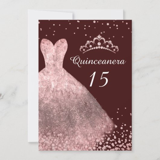 Roos Gold Dress Burgundy Quinceanera Party 15th Kaart (Voorkant)